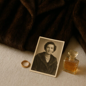 Daughter holding her late mother’s fur coat with emotion