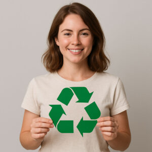 a woman smiling and holding a recycling symbol